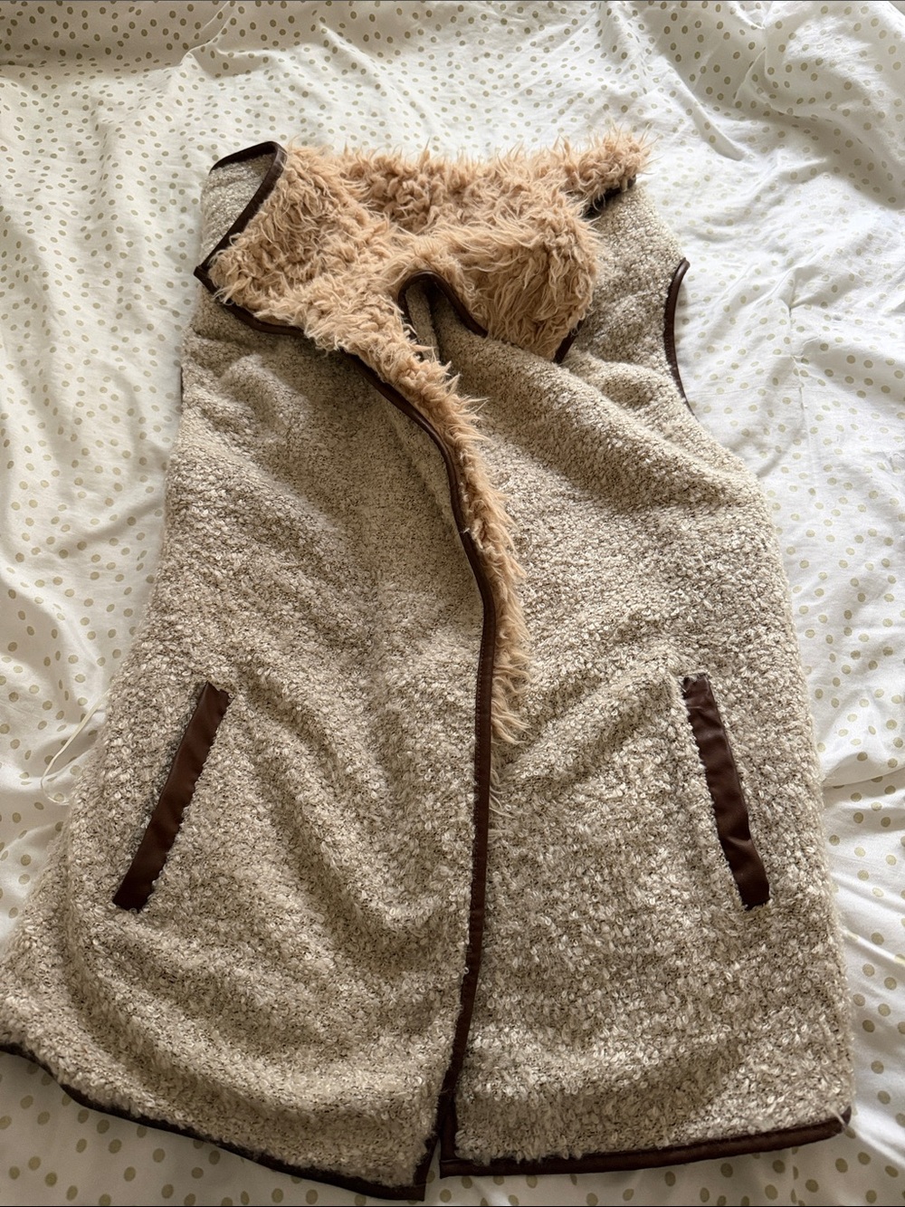 Mystree Cream Sherpa Vest with Brown Trim